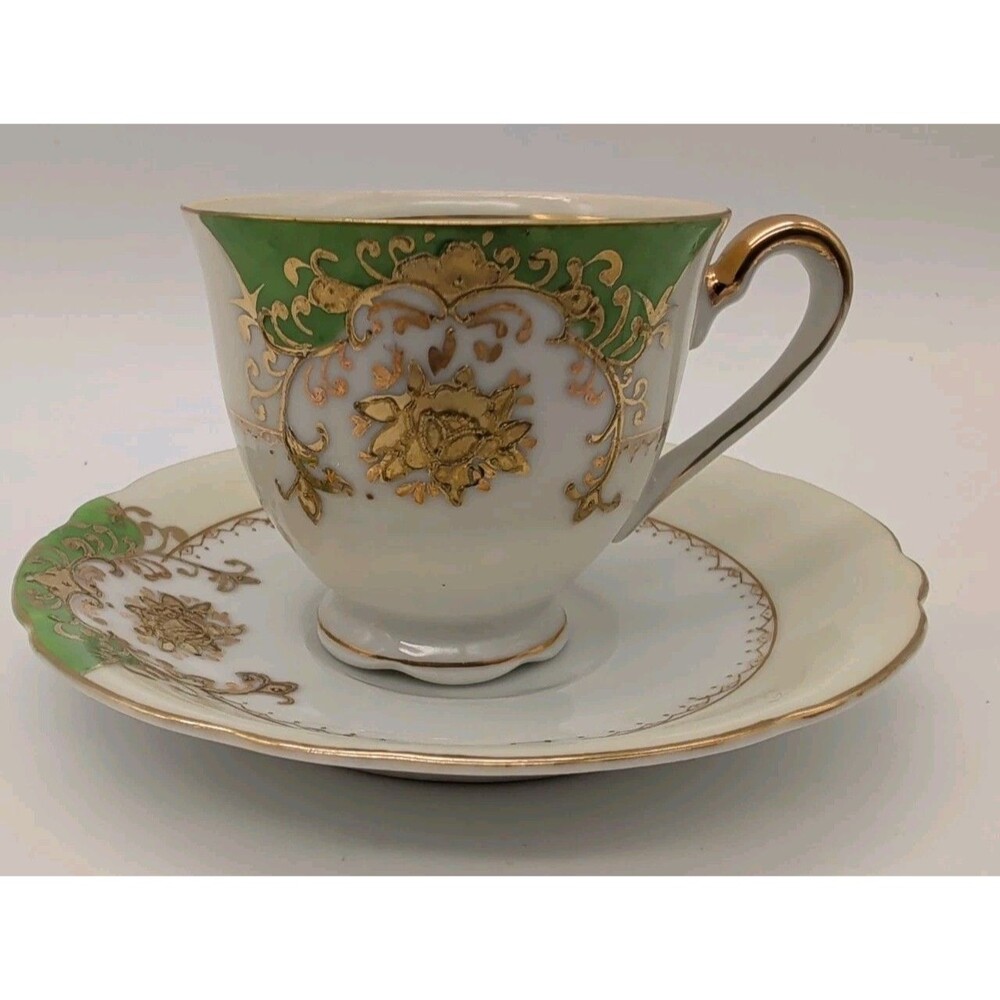 Vtg UCAGCO Occupied Japan Demitasse tea Cup Saucer  Green Gold Moriage Accents